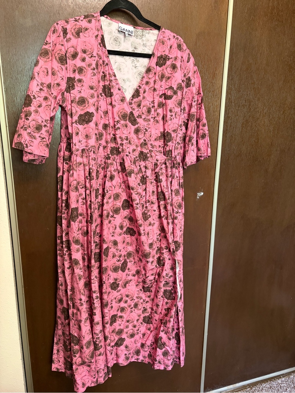GANNI Pink Floral Wrap Dress - V-Neck, Puff Sleeve